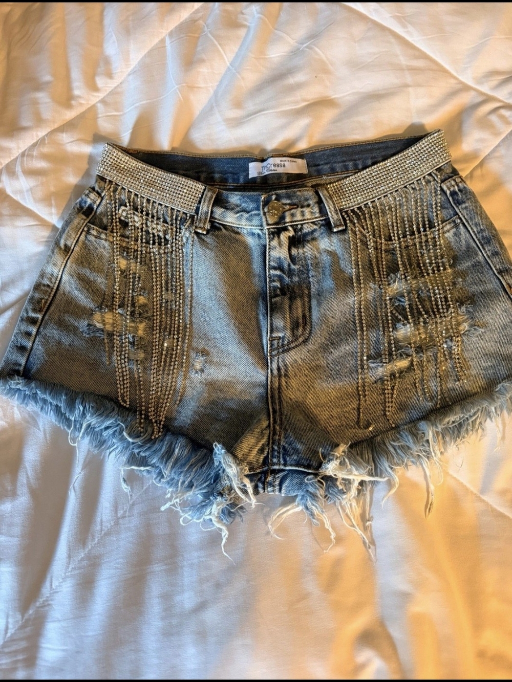 ThCreasa Embellished Rhinestone Distressed Denim Shorts